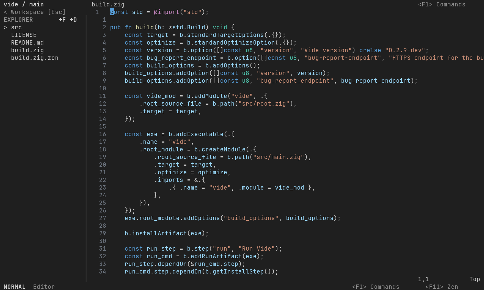 Tuim editing its build.zig file with the current Explorer sidebar, command button, and Normal mode footer