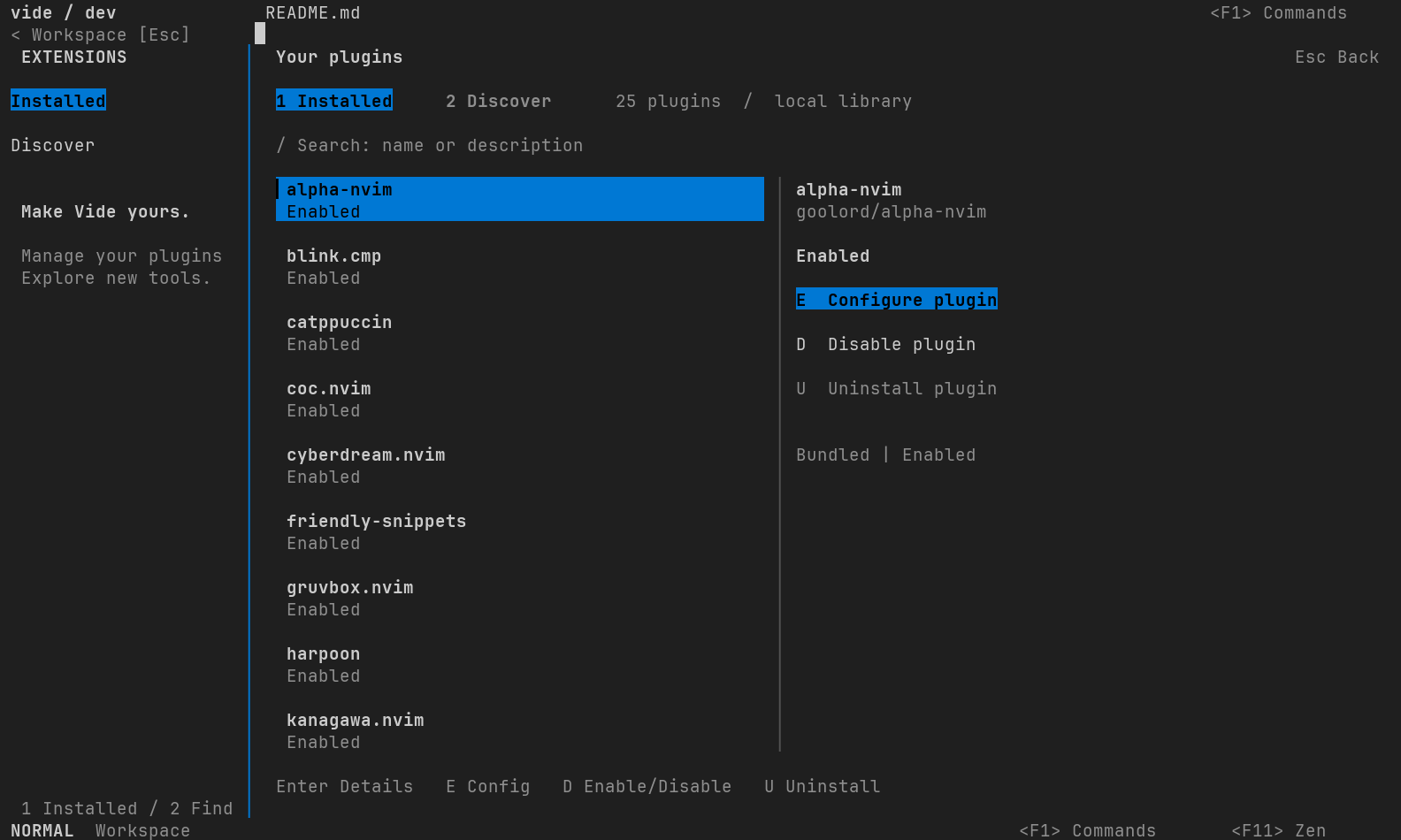 Tuim Extensions with Installed and Discover views, a plugin list, and configuration, disable, and uninstall controls