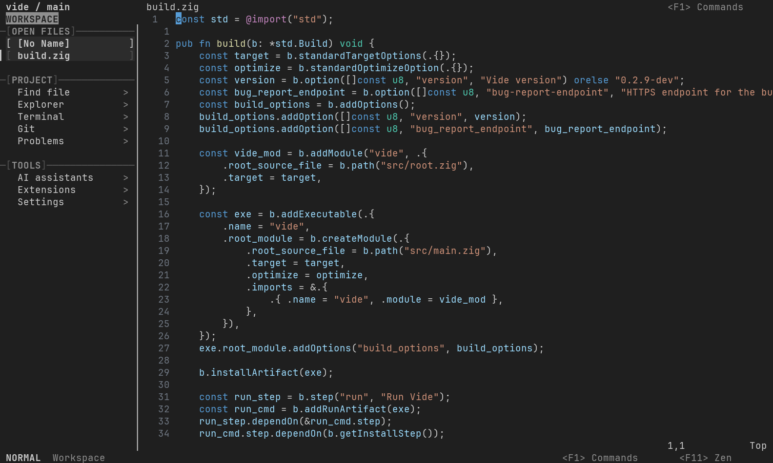 Tuim workspace sidebar with open files and project tools beside the editor