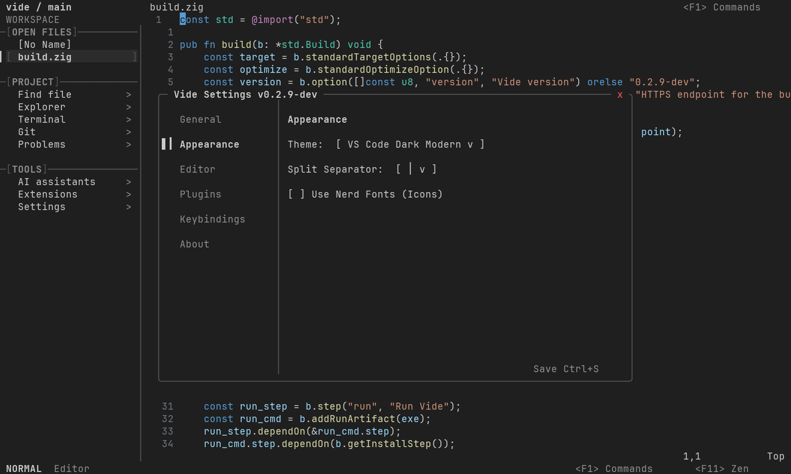 Tuim Appearance settings with VS Code Dark Modern selected and portable font symbols enabled