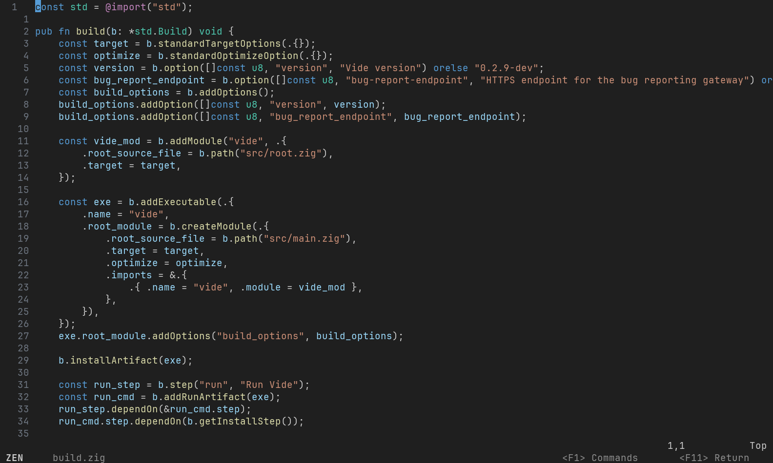Zen mode displaying the code editor without the sidebar and terminal, with a small return footer